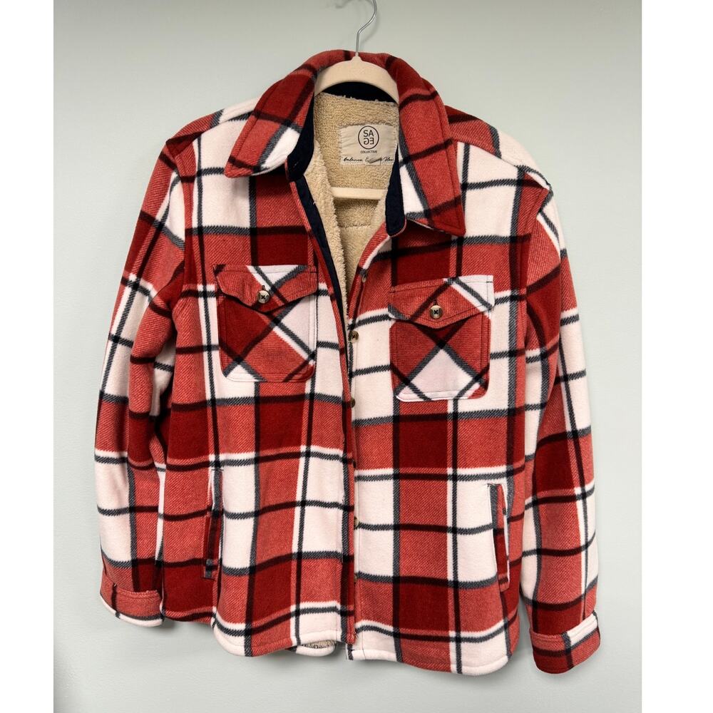 EUC! Women's Sage Collective Button Down Plaid Shacket- Orange, White & Black